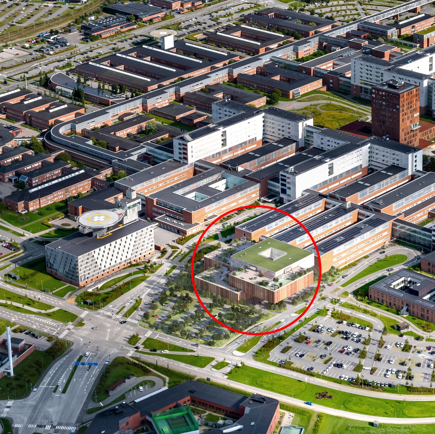 Forløbig visionsskitse, der viser bygningens placering mellem område J og K på hospitalets matrikel